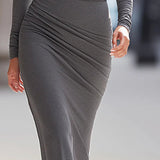 Szara Drapowana Sukienka Midi Bodycon