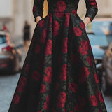 Elegancka Midi Sukienka z Wzorem Róż w Żakardzie