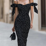 Sukienka Midi Bodycon Off-Shoulder z Akcentami Wstążek w Groszki