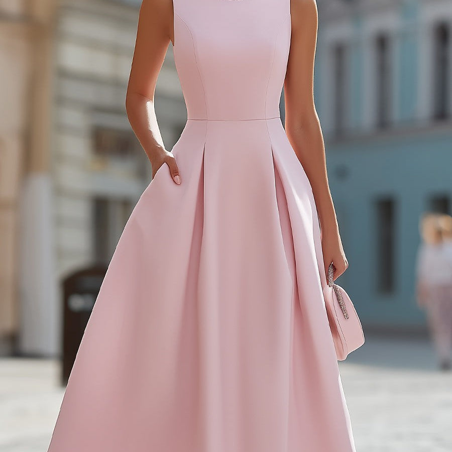 Elegancka bezrękawnikowa sukienka midi z kryształowym dekoltem w fasonie fit & flare