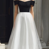 Sukienka Midi A-Line z Tyllu z Detalami na Ramiączkach Off-Shoulder