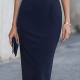 Elegancka Midi Sukienka z Rękawem Nietoperza w Kolorze Granatowym