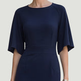 Elegancka Midi Sukienka z Rękawem Nietoperza w Kolorze Granatowym