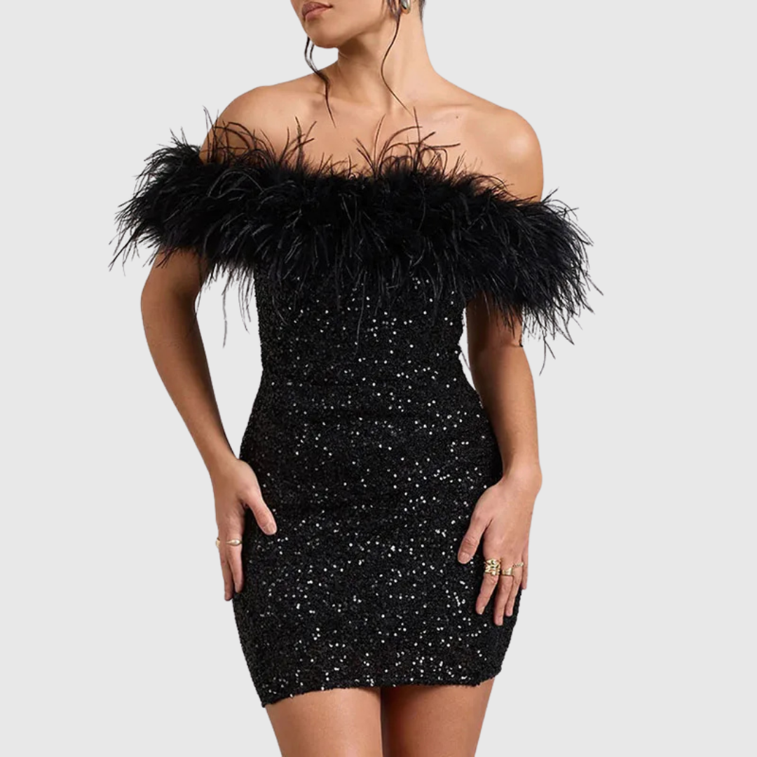 Weronika - Elegancka Sukienka z Odkrytymi Ramionami z Brokatem