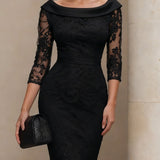 Czarna Sukienka Midi z Koronką i Satynowym Kołnierzem
