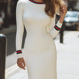 Sukienka Bodycon z Prążkowanej Dzianiny w Kolorze Kości Słoniowej z Paskiem
