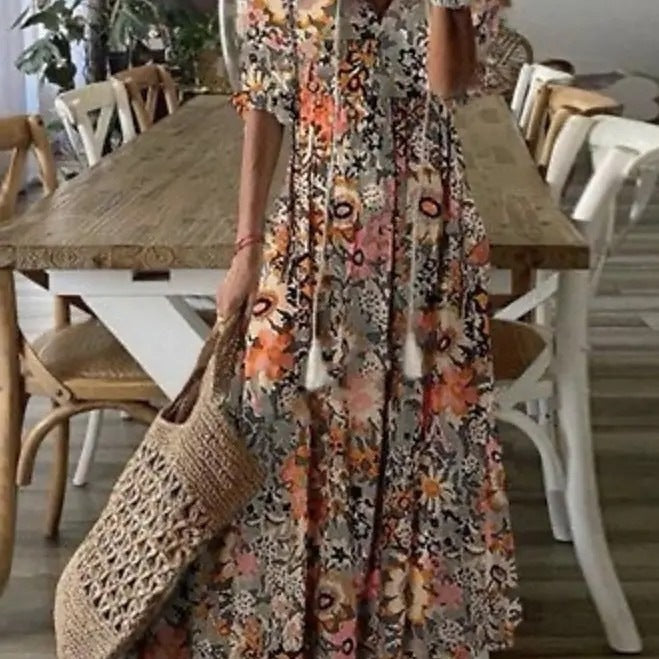 Casual Luźna Sukienka Maxi z Dekoltem w Serek