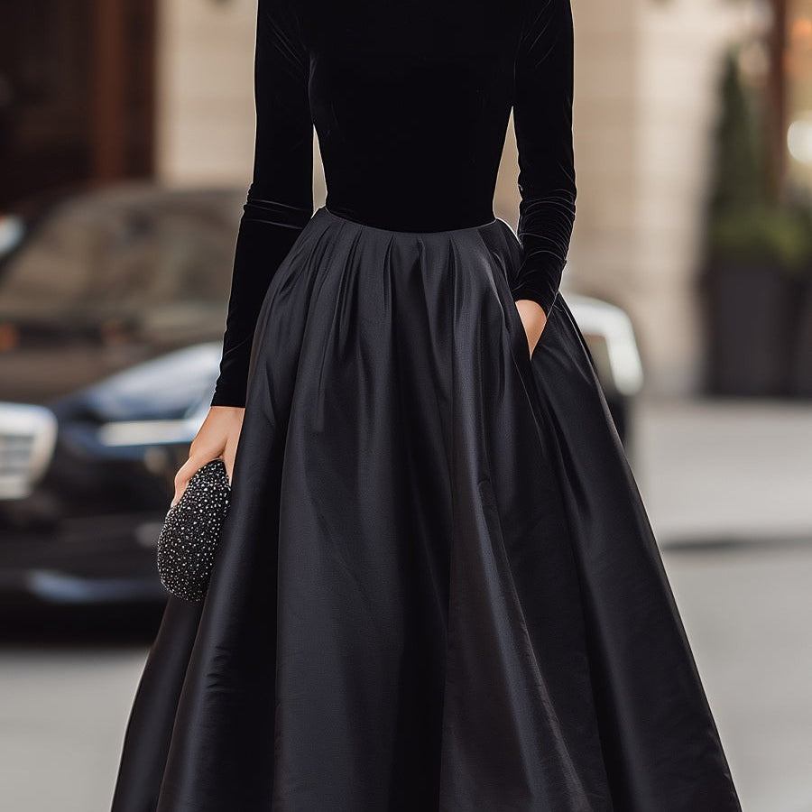 Elegancka Czarna Sukienka Midi z Aksamitą i Satyną