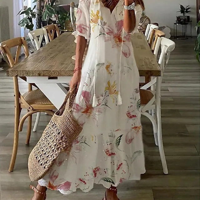 Casual Luźna Sukienka Maxi z Dekoltem w Serek