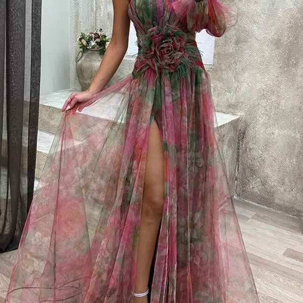 Malownicza Sukienka Maxi z Tulle w Kwiaty z Jednym Rękawem i Rozcięciem