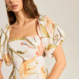 Sukienka w Kwiaty z Puff Sleeve i Odkrytym Plecami