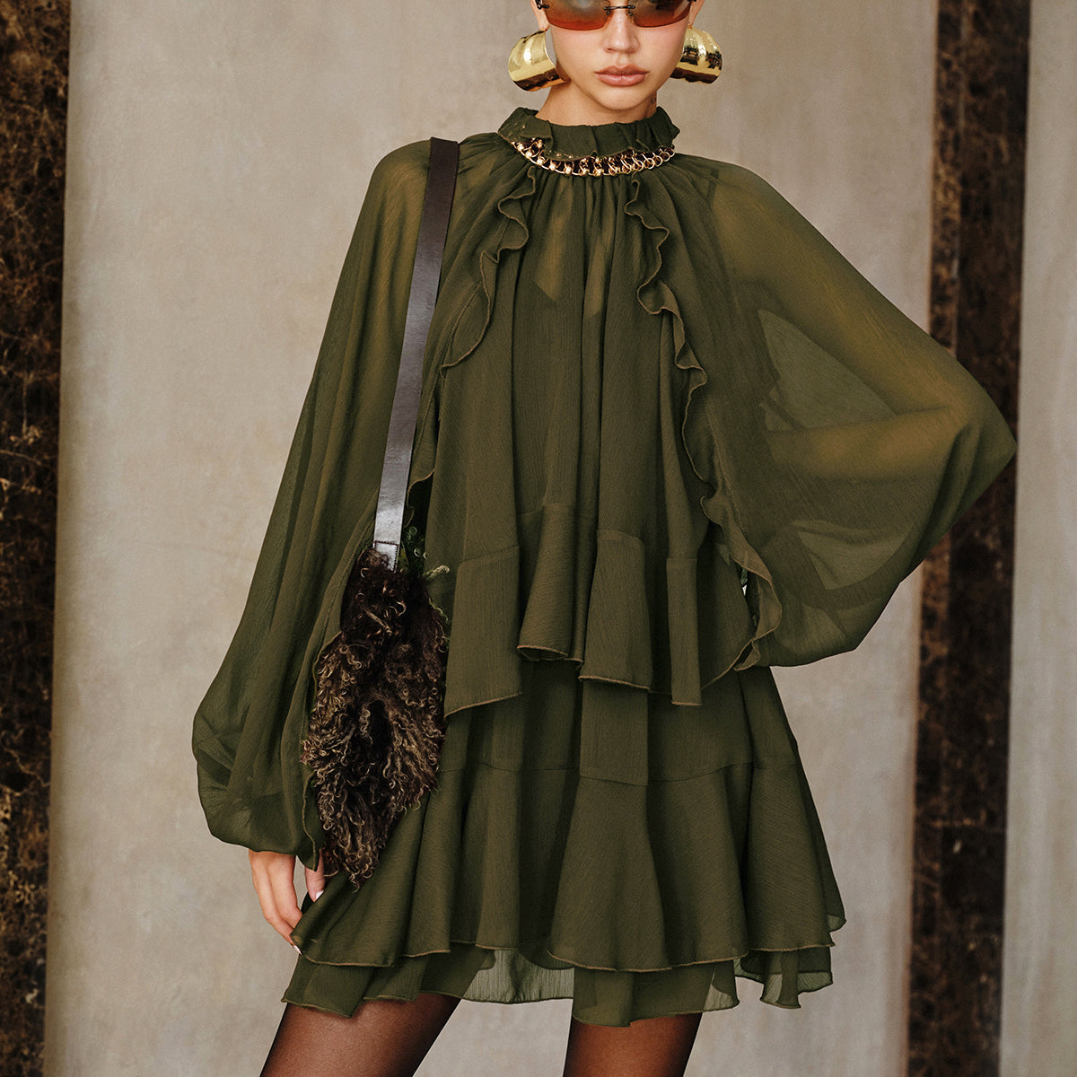 Zestaw Mini Sukienki z Tiered Ruffle Chiffon z Podszewką