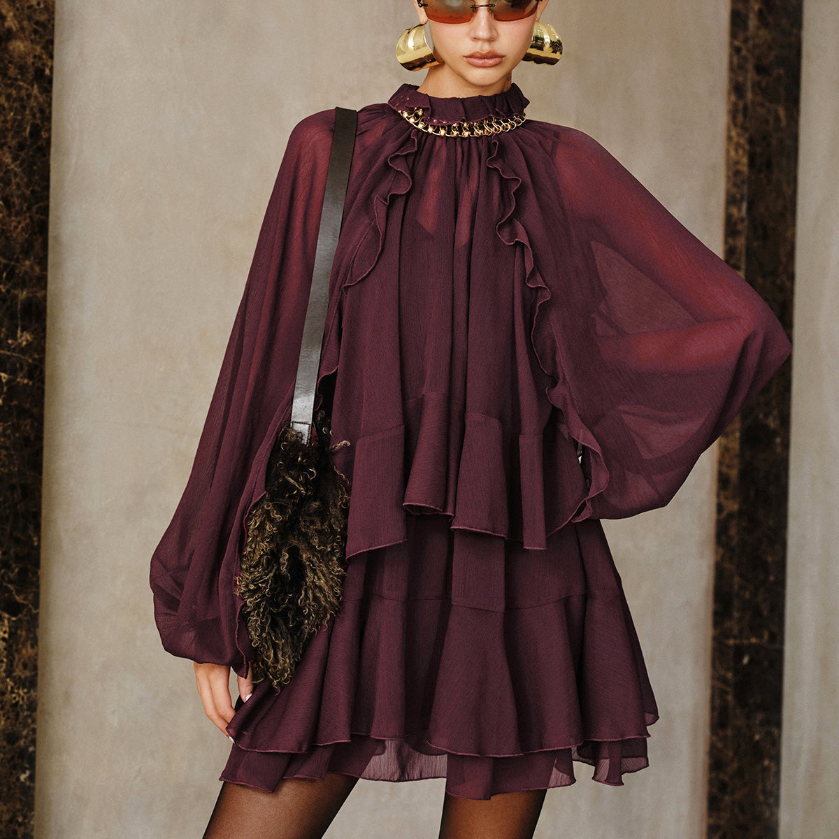 Zestaw Mini Sukienki z Tiered Ruffle Chiffon z Podszewką