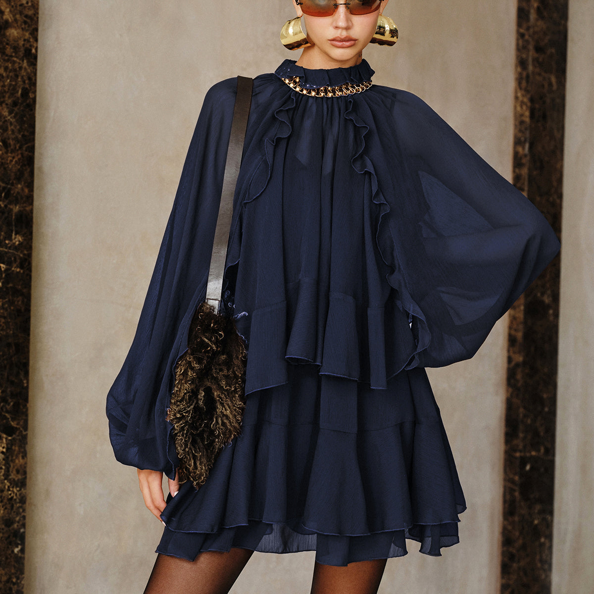 Zestaw Mini Sukienki z Tiered Ruffle Chiffon z Podszewką