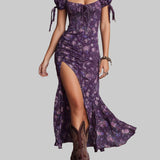 Boho Smocked Kwiatowa Sukienka Midi z Bufiastymi Rękawami