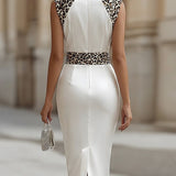 Elegancka Biała Satynowa Sukienka Midi Bodycon