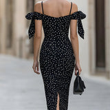 Sukienka Midi Bodycon Off-Shoulder z Akcentami Wstążek w Groszki