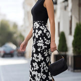 Elegancka Sukienka Midi Bodycon w Kwiatowy Wzór z Kolorowym Blokiem