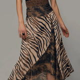 Vintage Zebra Print Patchwork Bez Rękawów Midi Sukienka