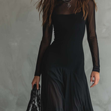 Czarna Sukienka Maxi z Tiulu w Stylu Patchwork