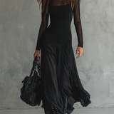 Czarna Sukienka Maxi z Tiulu w Stylu Patchwork