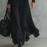 Czarna Sukienka Maxi z Tiulu w Stylu Patchwork