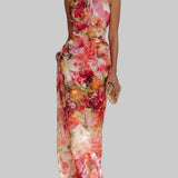 Czerwona Sukienka Maxi z Chiffonu w Kwiaty z Halterem