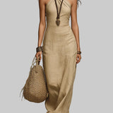 Sukienka maxi z dekoltem halter w stylu soft drape z faux lnu
