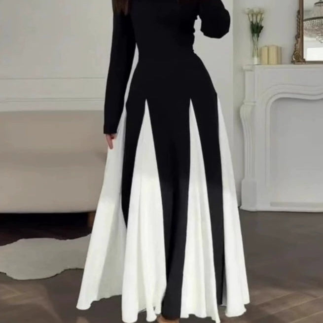 Elegancka czarno-biała sukienka maxi z okrągłym dekoltem i długim rękawem