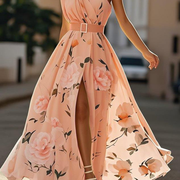 Jasnozielona Kwiatowa Sukienka Maxi Chiffon z Rękawem na Jedno Ramie