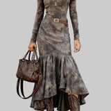 Vintage Polyester Flare Hem Midi Dress（Includes belt）